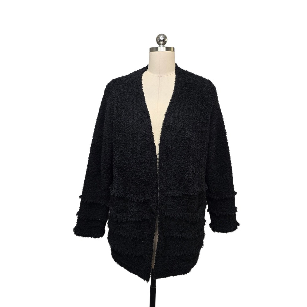 Barefoot Dreams CozyChic Black Tiered Fringe Cardigan Women's Size Medium